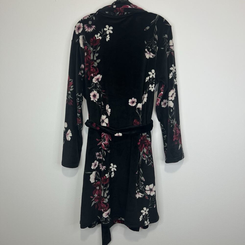 Nanette Lepore Women L Black Floral Plush Velour Wrap Robe Belted Pockets Spa - Picture 5 of 8